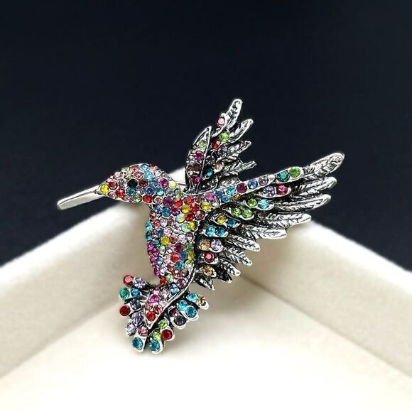 Silver with Multicolored Crystal Flying Hummingbird Pin Back Brooch - Picture 2 of 7